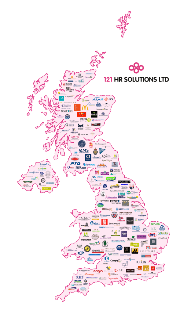 Map of the UK, logos of HR outsourcing clients.